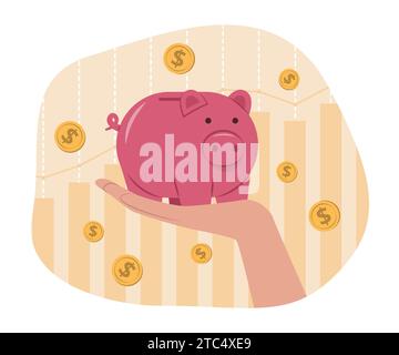 Piggy Bank in mano per risparmiare denaro illustrazione del concetto finanziario Illustrazione Vettoriale