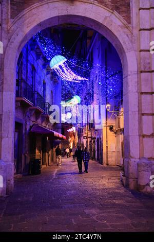 7 dicembre 2023, Salerno, Campania/Salerno, Italia: Una piazza storica con un mare pieno di meduse. Dal 24 novembre a Salerno è possibile visitare le cosiddette "luci d'artista". Tutte le strade della città vecchia e molte aree del centro città sono illuminate da splendidi disegni colorati. Ogni giorno, a partire dalle 17:00, le luci si accendono e creano un'atmosfera magica e suggestiva. Le installazioni di illuminazione sono create da artisti di fama internazionale e sono un mix di creatività, innovazione e tradizione. (Immagine di credito: © Pasquale Senatore/Pacific Press via ZUMA Press Wire) EDITORIALE Foto Stock