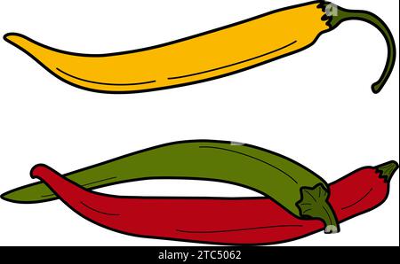 Set di 3 peperoncini in colori vivaci e alla moda. Condimenti tradizionali e spezie dell'America Latina. Isolare. EPS. Vettore per poster, banner, cartelloni pubblicitari, messaggi di benvenuto o inviti, cartellino prezzi, etichetta o web Illustrazione Vettoriale