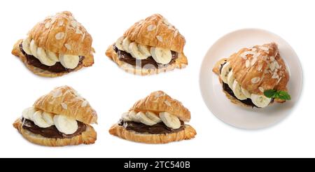 Delizioso croissant con banana a fette, cioccolato e fiocchi di mandorle isolati su bianco, set Foto Stock