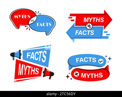 Miti e fatti distintivi, verità e false icone che separano la finzione dalla realtà. Simboli vettoriali della conoscenza, potenziamento dei cercatori di verità, eliminazione dei malintesi, promozione di una cultura di comprensione informata Illustrazione Vettoriale