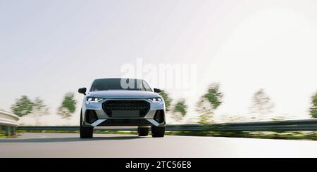 rendering 3d della guida di un suv o di un veicolo in crociera su strada per il concetto di viaggio e trasporto. Foto Stock