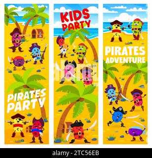 Cartoni animati pirati vitaminici e corsari sull'isola del tesoro. Poster per eventi festivi o feste di compleanno per bambini, striscioni vettoriali con N, B2, P e C, vitamina A, D o simpatici personaggi del corsaro corsaro micronutriente Illustrazione Vettoriale