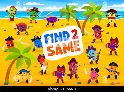 Trova due personaggi dello stesso cartone animato con vitamine e micronutrienti pirati o corsaro, puzzle vettoriale. Foglio di lavoro del quiz per bambini con vitamina B1 in cappello pirata, filibuster di sodio o marinaio micronutriente di potassio Illustrazione Vettoriale