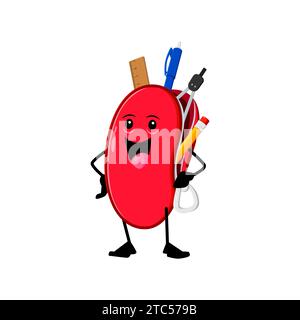 Cartoni animati divertente e divertente personaggio della cancelleria scolastica con volto sorridente, cerniera lampo e vivace colore rosso, sempre pronto a contenere gli strumenti creativi. Personaggio vettoriale isolato e stravagante pieno di oggetti Illustrazione Vettoriale