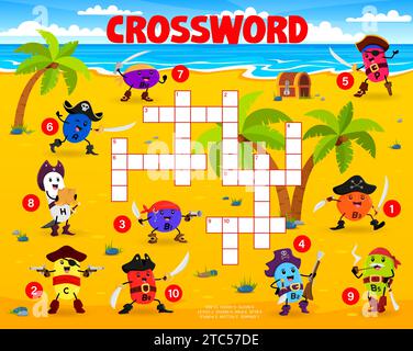 Quiz crossword con cartoni animati pirati vitaminici e corsari. Enigma di vocabolario, foglio di lavoro vettoriale puzzle con A, P, C, B9 e H, B5 filibuster di vitamine personaggi carini dell'isola del tesoro Illustrazione Vettoriale