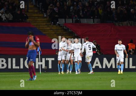 Barcellona, ESP. 10 dicembre 2023. FC BARCELONA vs GIRONA FC 10 dicembre, 2023 Valery (11) del Girona FC celebra il terzo gol con i compagni di squadra del Girona FC durante la partita tra FC Barcelona e Girona FC corrispondente al sedicesimo giorno di la Liga EA Sports allo Stadio Olimpico Lluis Companys di Montjuic a Barcellona, Spagna. Crediti: Rosdemora/Alamy Live News Foto Stock