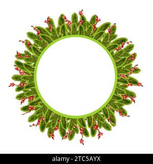 Illustrazione ad acquerello di una corona natalizia fatta di rami di abete e rami con bacche rosse. Isolato su bianco. Elemento decorativo colorato per c Foto Stock
