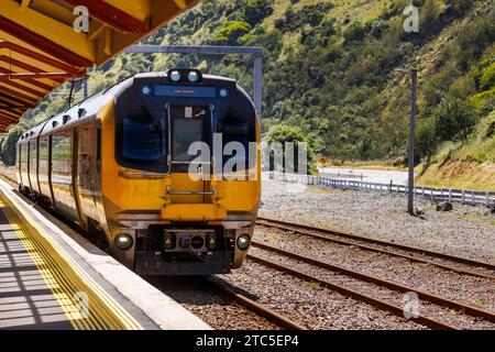 Un'immagine di un treno ferroviario che entra in una stazione ferroviaria di Paekakriki. Paekakariki è una piccola città costiera appena a nord di Wellington in nuova Zelanda Foto Stock