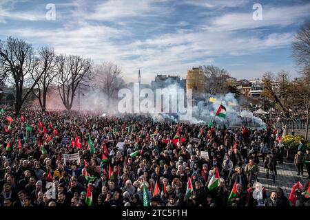 Istanbul, Turchia. 10 dicembre 2023. Migliaia di manifestanti marciano di fronte alla grande Moschea di Santa Sofia durante la manifestazione. I membri di diverse organizzazioni non governative hanno marciato da Piazza Beyazit alla grande Moschea di Santa Sofia mentre organizzavano una protesta contro gli attacchi israeliani a Gaza in occasione della giornata mondiale dei diritti umani del 10 dicembre a Istanbul. (Foto di Onur Dogman/SOPA Images/Sipa USA) credito: SIPA USA/Alamy Live News Foto Stock
