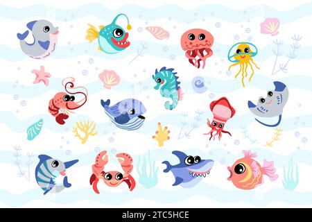 Set con elementi di vita marina disegnati a mano. Set di cartoni animati vettoriali di oggetti SEA LIFE per la progettazione. Colorati animali marini Illustrazione Vettoriale