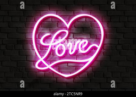 Illustrazione Pink Love Neon Sign con cuore decorativo. Foto Stock