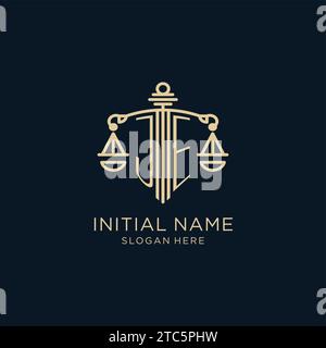 Logo JE iniziale con scudo e scale di giustizia, lusso e logo moderno dello studio legale grafica vettoriale Illustrazione Vettoriale