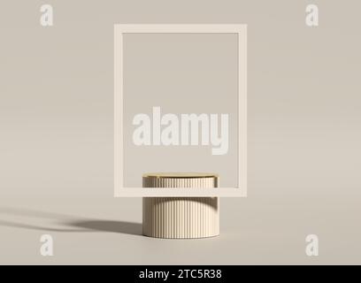 Piedistallo cilindrico minimalista beige con struttura in terrazzo e cornice. Modellare il podio o la piattaforma per l'esposizione del prodotto. Vetrina per la pubblicità Foto Stock