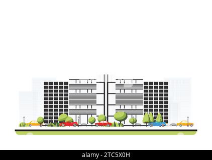 Edificio del municipio in stile piatto con alberi e auto. Illustrazione vettoriale. Scena cittadina isolata su sfondo bianco. Architettura urbana. Illustrazione Vettoriale