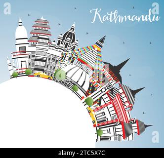 Kathmandu Nepal City Skyline con edifici a colori, Blue Sky e Copy Space. Illustrazione vettoriale. Paesaggio urbano di Kathmandu con punti di riferimento. Illustrazione Vettoriale