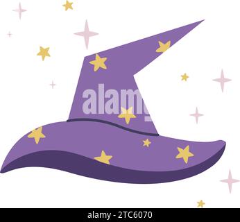 Cappello magico con stelle clip art. Mago disegnato a mano o copricapo da strega. Semplice mago o cappello da mago in stile piatto, illustrazione vettoriale isolata Illustrazione Vettoriale