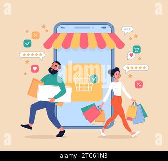 Persone che fanno acquisti online. La coppia esce con gli acquisti da app mobile, negozio virtuale al telefono, clienti soddisfatti con i prodotti. App Internet Shop Illustrazione Vettoriale