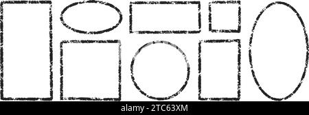 Set di cornici ovali e rettangolari con gesso. Bordi quadrati e circolari disegnati a mano. Timbro rettangolo inchiostro vuoto. Cornice di testo nera grunge. Vettore Illustrazione Vettoriale