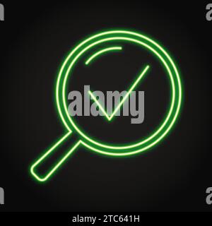 Lente di ingrandimento con segno di spunta sull'icona al neon. Approvato, trovare una soluzione, simbolo di indagine. Illustrazione vettoriale Illustrazione Vettoriale