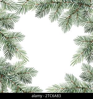Cornice quadrata ad acquerello con rami di conifere, albero di Natale, disegno a mano di rami di abete verde, rami di pino naturale su sfondo bianco, na Foto Stock
