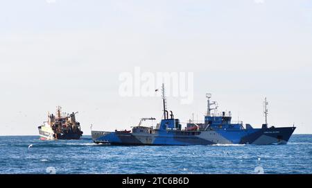 Boulogne sur Mer le 06/12 /2023. Au Large de Boulogne sur mer, dans les eaux territoriales French. Plusieurs chalutiers usines des Pays Bas s'activent dans les eaux French ces derniers jours penalizant l'activite des chalutiers French non la taille n'exede pas 25 metri. Des navires de l'Association Sea Shepherd se sont rendus sur zone pour denoncer cette surexploitation des ressources, ici le John Paul Dejoria de Sea Shepherd patrouillant aux abords du Helen Mary, un navire de 116 metri. Foto LUDOVIC CALOIN/MaxPPP. - Al largo della costa di Boulogne sur mer, in territorio francese Foto Stock