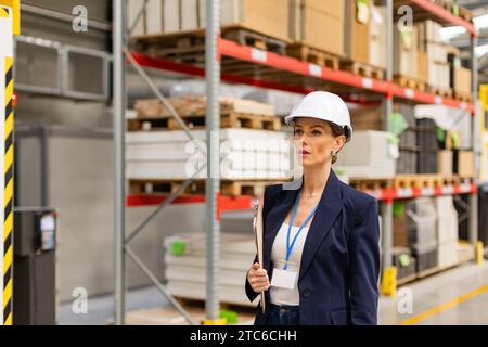 Dirigente donna, direttore, ingegnere in una moderna fabbrica industriale. Impianto di produzione con robotica e automazione. Leader donna, CEO in Heavy Foto Stock