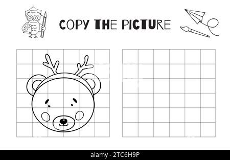 Disegna il Ritratto di Un orso con corna di cervi. Un'attività stampabile in bianco e nero che consente ai bambini di copiare o completare l'immagine sulla pagina di colorazione Illustrazione Vettoriale