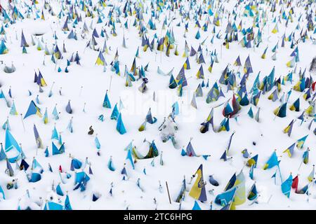 Numerose bandiere ucraine sono viste nella neve, a simboleggiare il gran numero di prigionieri di guerra ucraini Azov in prigionia russa durante la manifestazione. Il raduno libero Azov a sostegno dei prigionieri di guerra ucraini si è tenuto a Maidan Nezalezhnosti a Kiev. I parenti e gli amici dei difensori di Azov hanno chiesto il rilascio dei militari detenuti dalla Russia in violazione del diritto umanitario internazionale. Circa 200 persone si sono riunite a Maidan Nezalezhnosti, che si estende lungo entrambi i lati di Khreshchatyk. Con bandiere e cartelloni, parenti, amici e altre persone interessate che si sono unite al Foto Stock
