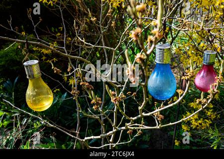 Luci da giardino colorate alimentate a energia solare Foto Stock