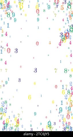 Numeri sparsi. Coloratissime cifre infantili che volano caotiche. Banner di matematica di ritorno a scuola su sfondo bianco. Illustrazione vettoriale dei numeri in caduta Illustrazione Vettoriale