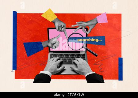 modello di grafica creativa astratta in 3d, collage, braccia che cercano lavoro vacanti, ambiente moderno, dispositivo, sfondo di pittura isolato Foto Stock