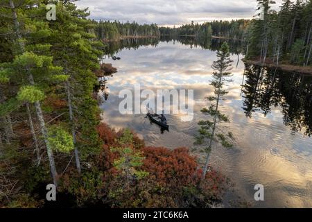 Vista dall'alto di coppie che pagaiano in canoa sul lago boscoso del Maine Foto Stock