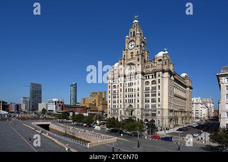 Royal Liver Building (1908-1911) di Walter Aubrey Thomas & Modern Skyline of Northern Extension to the Pier Head o Waterfront Liverpool Inghilterra Regno Unito Foto Stock