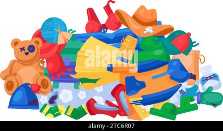 Vecchi vestiti e giocattoli indesiderati accumulati in una grande pila. Un mucchio di vecchia industria tessile. Problema di inquinamento dei tessuti. Semplice concetto vettoriale dei cartoni animati isolato Illustrazione Vettoriale