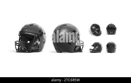 Mockup di caschi da football americano nero vuoto, viste diverse, rendering 3D. Maschera di protezione vuota con copricapo facciale, isolata. Attrezzatura di copertura trasparente Foto Stock