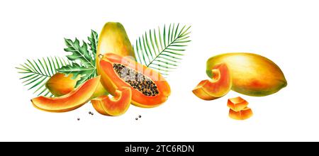 Marcatore di composizione dolce matura con fette, mezza papaya e foglie tropicali in stile acquerello. Realistico e gustoso pennarello disegnato a mano di esotici Foto Stock