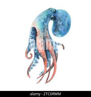 Polpo nei colori turchese, blu e corallo. Illustrazione ad acquerello disegnata a mano. Animali marini, mondo sottomarino, frutti di mare. Oggetto isolato su bianco Foto Stock