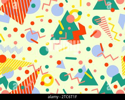 Motivo Memphis senza cuciture con forme geometriche in stile 80s e 90s. Forme geometriche di forme e colori diversi. Progettazione di prodotti promozionali, Illustrazione Vettoriale