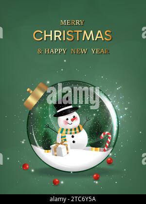 Felice anno nuovo. palline di natale trasparenti con stella e scatola di regali sparsi di neve su sfondo verde, decorazioni 3d realistiche Illustrazione Vettoriale