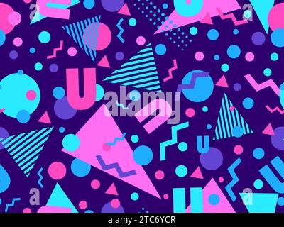Motivo Memphis senza cuciture con forme geometriche in stile 80s e 90s. Forme geometriche di forme e colori diversi. Progettazione di prodotti promozionali, Illustrazione Vettoriale