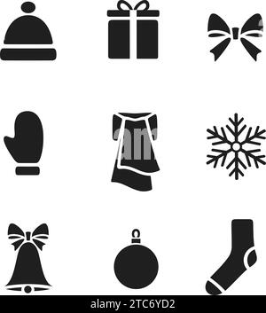 Icona degli elementi di design natalizi. Campana jingle con fiocco, palla, confezione regalo, fiocco di neve, berretto, calzino, guanto, sciarpa. Set di accessori per le festività. Buon anno nuovo vec Illustrazione Vettoriale