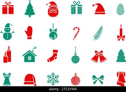 Icona degli elementi di design natalizi. Campane jingle con fiocco, palla, abete, confezione regalo, berretto, cono, canna da zucchero, candela, pupazzo di neve, Babbo Natale. Accessorio festività Illustrazione Vettoriale