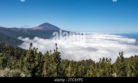 Nuvole che coprono il paesaggio sotto la vetta del Monte Teide, Tenerife, il punto più alto della Spagna e un vulcano attivo. Il cielo è blu brillante. Camera Foto Stock