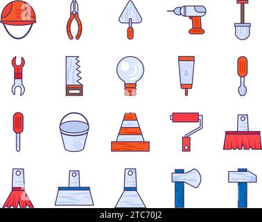 Set di attrezzi per falegname, fabbro, tuttofare. Utensili e attrezzature professionali per il fai da te di specialisti altamente qualificati. Vettore con tratti colorati semplici Illustrazione Vettoriale