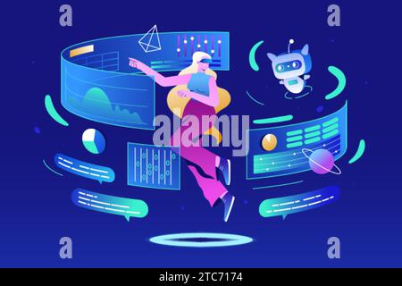 Donna piatta in occhiali di realtà virtuale che comunica con il robot ai in metaversa. Innovazioni future, intelligenza artificiale o tecnologia digitale. Ragazza con occhiali vr che vola con l'assistente robotico. Illustrazione Vettoriale