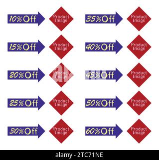 Icone degli adesivi con sconti di vendita. Set percentuale di vendita 10, 15, 20, 25, 30, 35, 40, 45, 50, 60 con sconto sulle azioni. Illustrazione Vettoriale