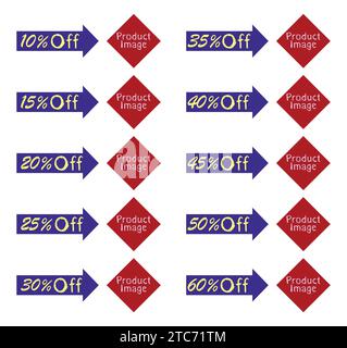 Icone degli adesivi con sconti di vendita. Set percentuale di vendita 10, 15, 20, 25, 30, 35, 40, 45, 50, 60 con sconto sulle azioni. Illustrazione Vettoriale