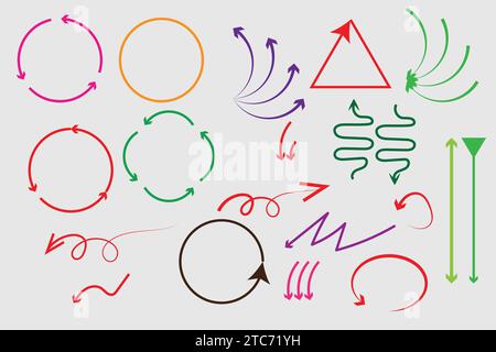 Frecce carine disegnate a mano vettoriali con colori diversi. Illustrazione Vettoriale