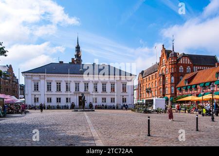 Ystad, Skane län, Schweden Malerische Alltagsszene vor dem Rathaus auf dem Stortorget Marktplatz von Ystad, Schonen, Skane län, Schweden, eine beliebte Pilgerstätte für fans der literarischen Figur Kurt Wallander, 19. Agosto 2023. Credito: Imago/Alamy Live News Foto Stock